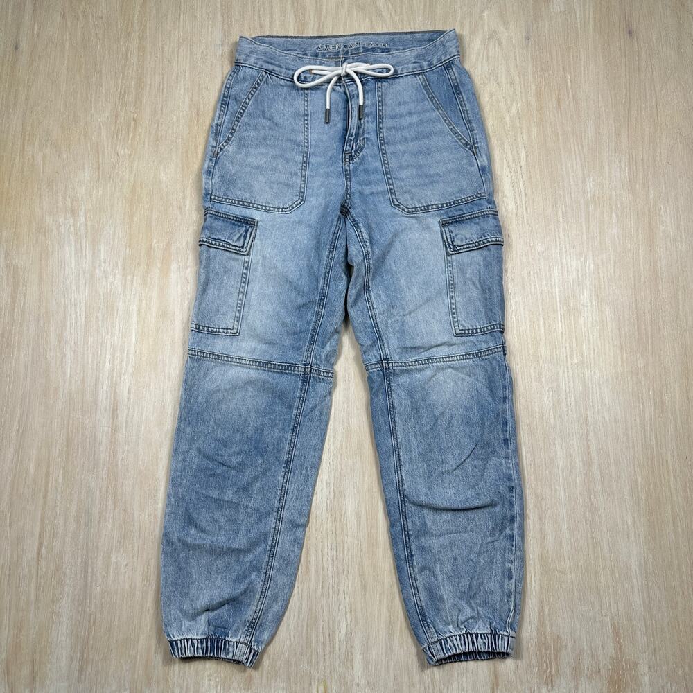 American Eagle Light Wash Denim Cargo Jogger Pants Utility Pockets Elastic Hem 2